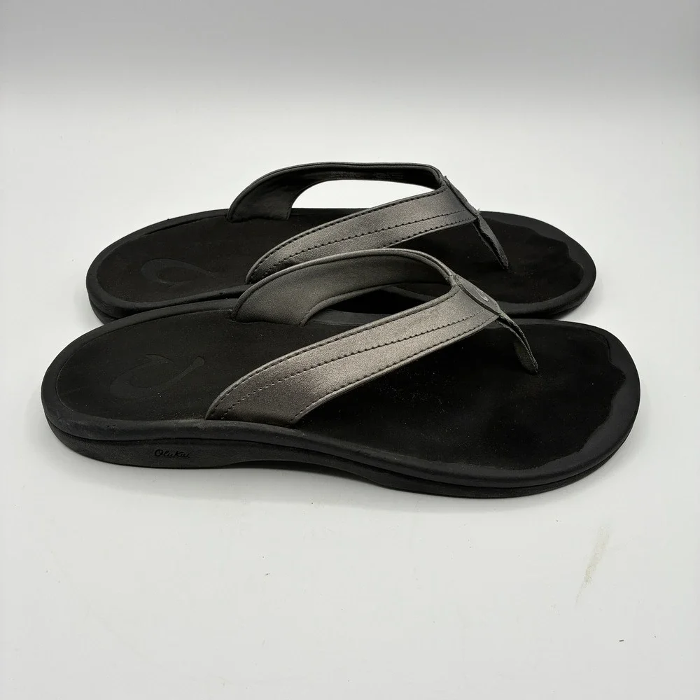OluKai Ohana Flip Flop Sandals Women 9 EU 39Pewter Metallic Faux Leather Comfort